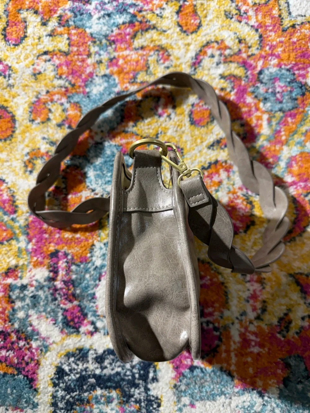 Anthropologie Metallic Taupe Faux-Leather Crossbody with Gold Snap
